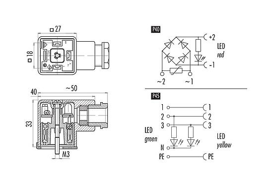 Scale drawing Female power connector, Contacts: 3+PE, 6.0-8.0 mm, unshielded, screw clamp, IP40 without seal, PG 9, Circuit P45, with LED PNP closer