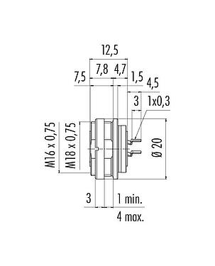 Dessin coté M16 Embase femelle, Contacts: 4 (04-a), non blindé, THT, IP67, UL 2238, M18x0,75, Montage mural arrière