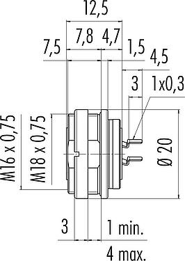 Scale drawing M16 Female panel mount connector, Contacts: 7 (07-a), unshielded, THT, IP67, UL 2238, M18x0,75, Rear mounting