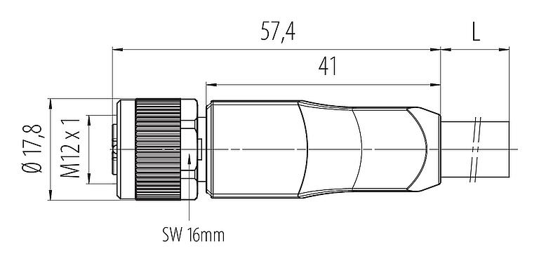 Dessin coté M12 Connecteur femelle, Contacts: 4+FE, non blindé, surmoulé sur le câble, IP68, UL 2238, M12x1,0, TC-ER, TPE, jaune, 5 x 1,50 mm², 2 m