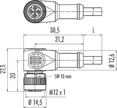 Dessin coté M12 Connecteur femelle coudé, Contacts: 3, non blindé, surmoulé sur le câble, IP68/IP69K, UL 2238, PUR, orange, 3 x 0,34 mm², pour les applications de soudage, 2 m