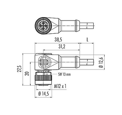 Scale drawing M12 Female angled connector, Contacts: 3, unshielded, moulded on the cable, IP68/IP69K, PUR, black, 3 x 0.34 mm², for welding applications, 5 m