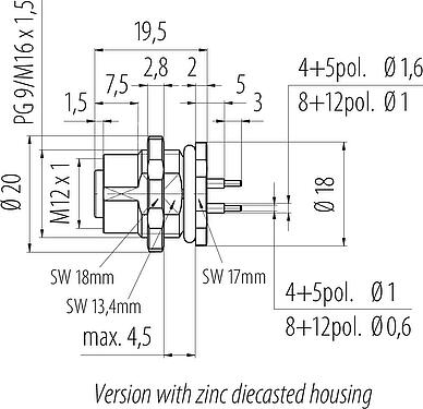 Scale drawing M12 Female panel mount connector, Contacts: 12, unshielded, THT, IP68, UL 2238, PG 9, Rear mounting, potted