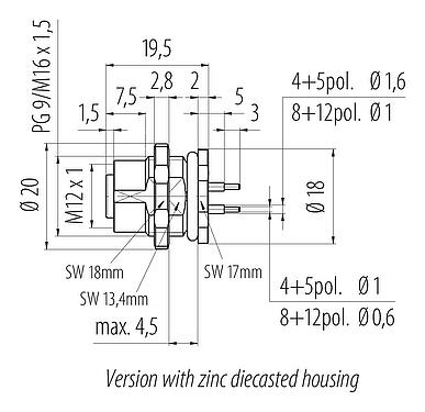 Scale drawing M12 Female panel mount connector, Contacts: 5, unshielded, THT, IP68, UL 2238, PG 9, Rear mounting