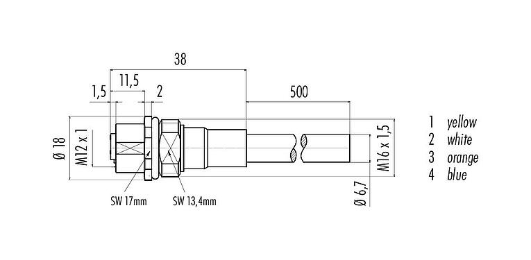 Dibujo a escala M12 Toma de brida, Número de contactos: 4, blindado, con cables ensamblado, IP67, UL, M16x1,5, Profinet, PUR, verde, 2 x 2 x AWG 22, Montaje frontal, 0,5 m