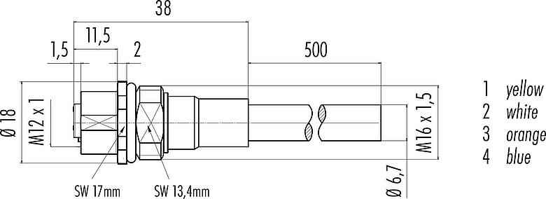 Dibujo a escala M12 Toma de brida, Número de contactos: 4, blindado, con cables ensamblado, IP67, UL, M16x1,5, Profinet, PUR, verde, 2 x 2 x AWG 22, Montaje frontal, 0,5 m