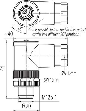 Scale drawing M12 Male angled connector, Contacts: 5, 6.0-8.0 mm, unshielded, screw clamp, IP67, UL 2238