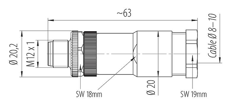 Dibujo a escala M12 Conector de cable macho, Número de contactos: 4, 8,0-10,0 mm, sin blindaje, tornillo extraíble, IP67, UL 2238, VDE