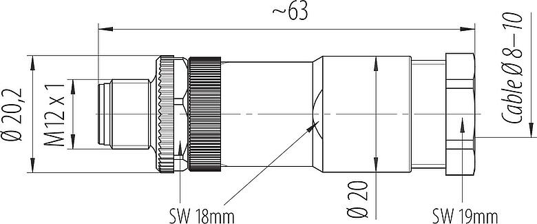 Dibujo a escala M12 Conector de cable macho, Número de contactos: 4, 8,0-10,0 mm, sin blindaje, tornillo extraíble, IP67, UL 2238, VDE