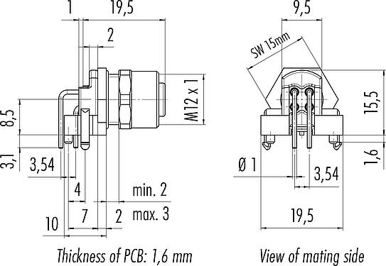 Dibujo a escala M12 Enchufe de ángulo brida, Número de contactos: 4, sin blindaje, THR, IP68, UL 2238, Montaje frontal, para montaje de PCB, diseño de dos partes