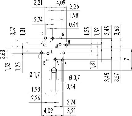 Conductor layout M16 Male panel mount connector, Contacts: 12 (12-a), shieldable, THT, IP40, M18x0,75, Rear mounting