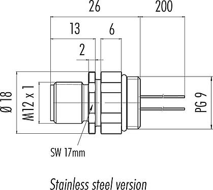 Dibujo a escala M12 Enchufe de brida, Número de contactos: 5, sin blindaje, hilos, IP68, UL 2238, PG 9, Montaje frontal, Acero inoxidable, posicionable, moldeado