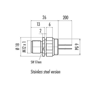 Scale drawing M12 Male panel mount connector, Contacts: 4, unshielded, single wires, IP68, UL 2238, PG 9, Front mounting, stainless steel, positionable, potted