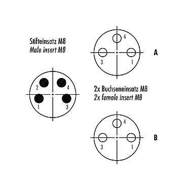 Contact arrangement (Plug-in side) M8 Twin distributors, Y-distributor, male connector - 2 female connector, Contacts: 4/3, unshielded, pluggable, IP67, UL 2238