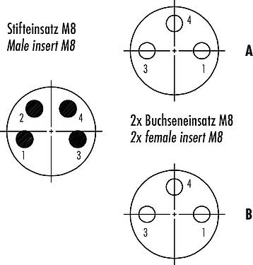 Contact arrangement (Plug-in side) M8 Twin distributors, Y-distributor, male connector - 2 female connector, Contacts: 4/3, unshielded, pluggable, IP67, UL 2238