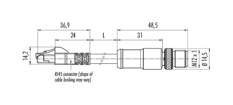 Scale drawing M12/RJ45 Connecting cable male cable connector - RJ45 connector, Contacts: 8, shielded, molded/crimp, IP67, Ethernet CAT5e, TPE, teal, 4 x 2 x AWG 24, 0.6 m