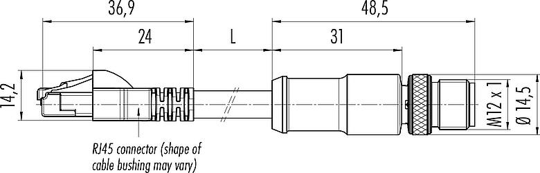 Scale drawing M12/RJ45 Connecting cable male cable connector - RJ45 connector, Contacts: 8, shielded, molded/crimp, IP67, Ethernet CAT5e, TPE, teal, 4 x 2 x AWG 24, 2 m