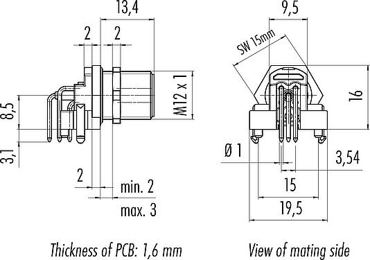 Dessin coté M12 Embase mâle, coudé, Contacts: 5, non blindé, THR, IP68, UL 2238, Montage mural arrière, pour assemblage PCB
