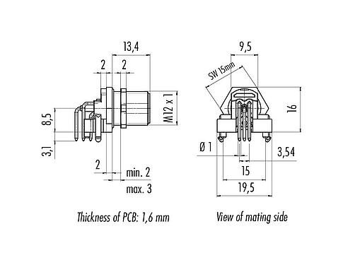 Scale drawing M12 Male angled panel mount connector, Contacts: 5, unshielded, THR, IP68, UL 2238, Rear mounting, for PCB assembly