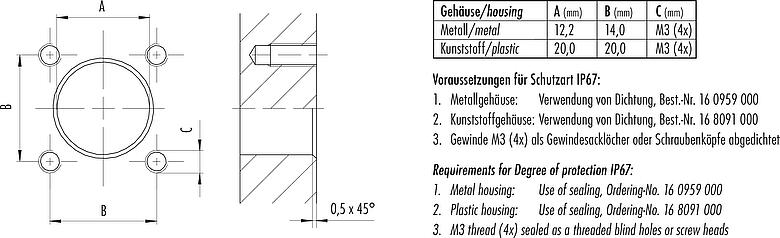Instructions de montage / Découpe du panneau M12 Embase mâle, carré, Contacts: 5, non blindé, fils, IP69k, IP68, IP67, UL 2238, M3 (4x), Montage frontal, Boîtier carré 20 mm, Alignement de codage positionnable