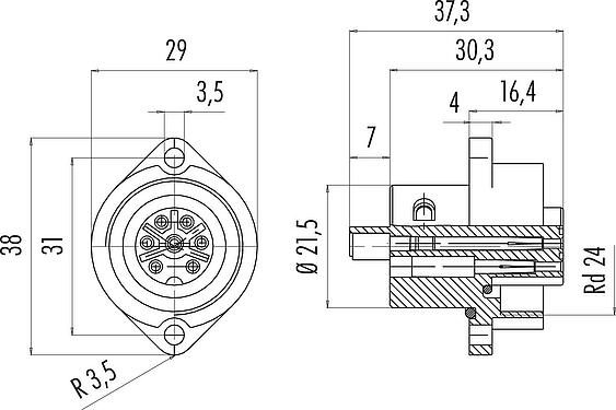 Dibujo a escala RD24 Toma de brida, Número de contactos: 6+PE, sin blindaje, tornillo extraíble, IP67, UL, ESTI+, VDE, Montaje frontal
