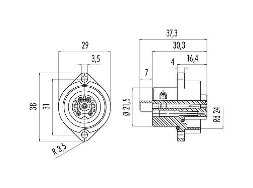 Scale drawing RD24 Female panel mount connector, Contacts: 6+PE, unshielded, screw clamp, IP67, UL, ESTI+, VDE, Front mounting