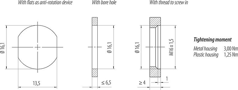 Muestra de montaje M12 Enchufe de brida, Número de contactos: 4+FE, sin blindaje, THR, IP67, UL 2238, M16x1,5, Montaje en pared