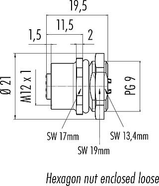 Dessin coté M12 Embase femelle, Contacts: 4, non blindé, souder, IP67, UL 2238, PG 9, Montage frontal