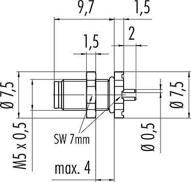 Scale drawing M5 Male panel mount connector, Contacts: 3, unshielded, THT, IP67, M5x0.5, Rear mounting, potted