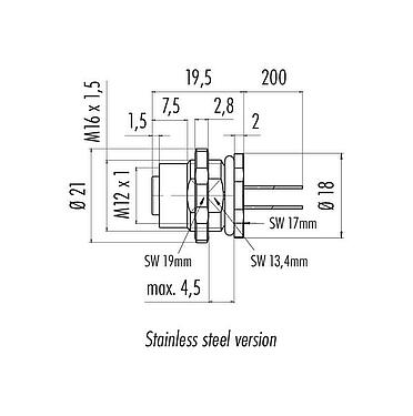 Scale drawing M12 Female panel mount connector, Contacts: 4, unshielded, single wires, IP68, UL 2238, M16x1.5, Rear mounting, stainless steel, potted