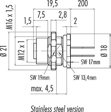 Dessin coté M12 Embase femelle, Contacts: 4, non blindé, fils, IP68, UL 2238, M16x1,5, Montage mural arrière, Acier inoxydable, coulé