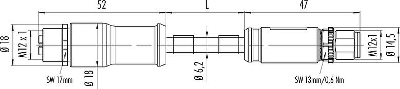 Scale drawing M12 Connecting cable male cable connector - female cable connector, Contacts: 8, shielded, moulded on the cable, IP67, UL, PUR, green, AWG 26/7, 5 m