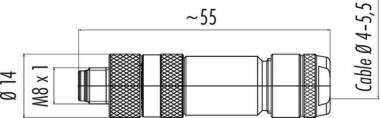 Scale drawing M8 Male cable connector, Contacts: 4, 4.0-5.5 mm, shieldable, screw clamp, IP67, UL 2238, iris spring