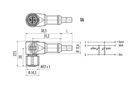 Scale drawing M12 Female angled connector, Contacts: 3, unshielded, moulded on the cable, IP68/IP69K, UL 2238, PVC, grey, 3 x 0.34 mm², stainless steel, 5 m