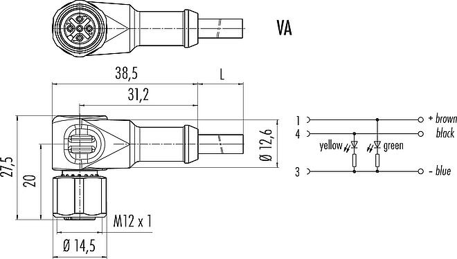 Dessin coté M12 Connecteur femelle coudé, Contacts: 3, non blindé, surmoulé sur le câble, IP68/IP69K, UL 2238, PVC, gris, 3 x 0,34 mm², Acier inoxydable, 2 m