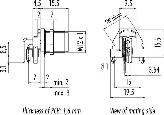 Dibujo a escala M12 Enchufe de ángulo brida, Número de contactos: 5, blindable, THR, IP67, UL 2238, Montaje en pared