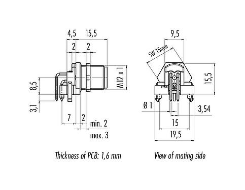 Scale drawing M12 Male angled panel mount connector, Contacts: 5, shieldable, THR, IP67, UL 2238, Rear mounting