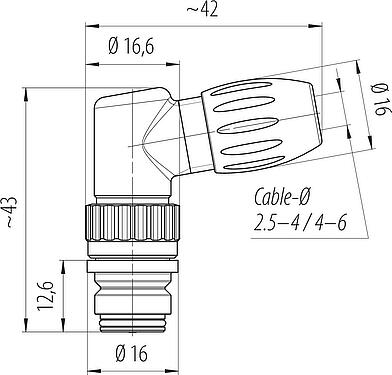 Scale drawing Snap-In Female angled connector, Contacts: 5, 4.0-6.0 mm, unshielded, solder, IP67