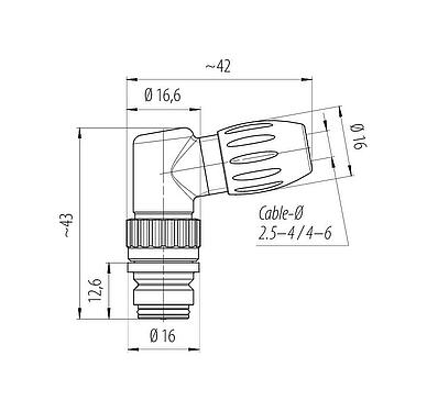 Scale drawing Snap-In Female angled connector, Contacts: 5, 2.5-4.0 mm, unshielded, solder, IP67
