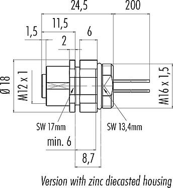 Dibujo a escala M12 Toma de brida, Número de contactos: 4, sin blindaje, hilos, IP68, UL 2238, M16x1,5, Montaje frontal, para la fuente de alimentación