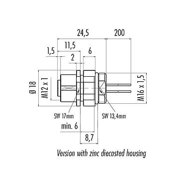 Scale drawing M12 Female panel mount connector, Contacts: 5, unshielded, single wires, IP68, UL 2238, M16x1.5, Front mounting