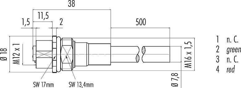 Dibujo a escala M12 Toma de brida, Número de contactos: 2, blindado, con cables ensamblado, IP68, M16x1,5, Profibus, PUR, morado, 1 x 2 x 0,25 mm², Montaje frontal, 0,5 m