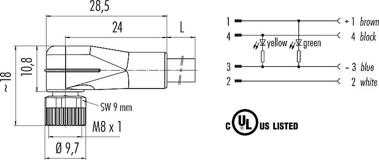 Dibujo a escala M8 Conector hembra en ángulo, Número de contactos: 4, sin blindaje, moldeado en el cable, IP67/IP69K, UL 2238, PVC, gris, 4 x 0,34 mm², con LED PNP, 10 m