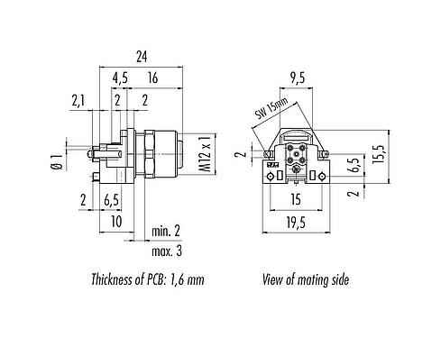 Dibujo a escala M12 Toma de brida, Número de contactos: 5, blindable, THR, IP68, UL 2238, M12x1,0, Montaje frontal, para montaje de PCB