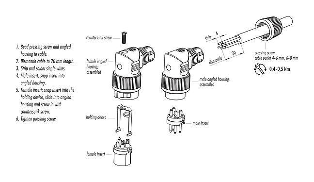 Assembly instructions Bayonet Male angled connector, Contacts: 3, 4.0-6.0 mm, unshielded, solder, IP40