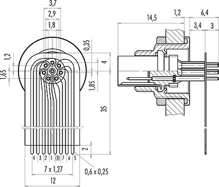 Conexión y dimensiones
M9 Enchufe de brida, Número de contactos: 8, sin blindaje, THT, IP67, M12x0,5, Montaje en pared, moldeado