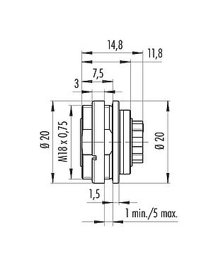 Scale drawing M16 Female panel mount connector, Contacts: 8 (08-a), unshielded, crimping (Crimp contacts must be ordered separately), IP68, UL 2238, AISG compliant, M18x0,75, Rear mounting