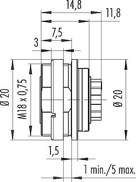 Scale drawing M16 Female panel mount connector, Contacts: 5 (05-a), unshielded, crimping (Crimp contacts must be ordered separately), IP67, UL 2238, M18x0,75, Rear mounting