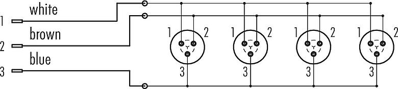 Pin assignment plans Snap-In 4-way distributor, Contacts: 3, unshielded, pluggable, IP67