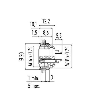 Dessin coté M16 Embase femelle, Contacts: 3 (03-a), non blindé, souder, IP67, UL 2238, M18x0,75, Montage frontal